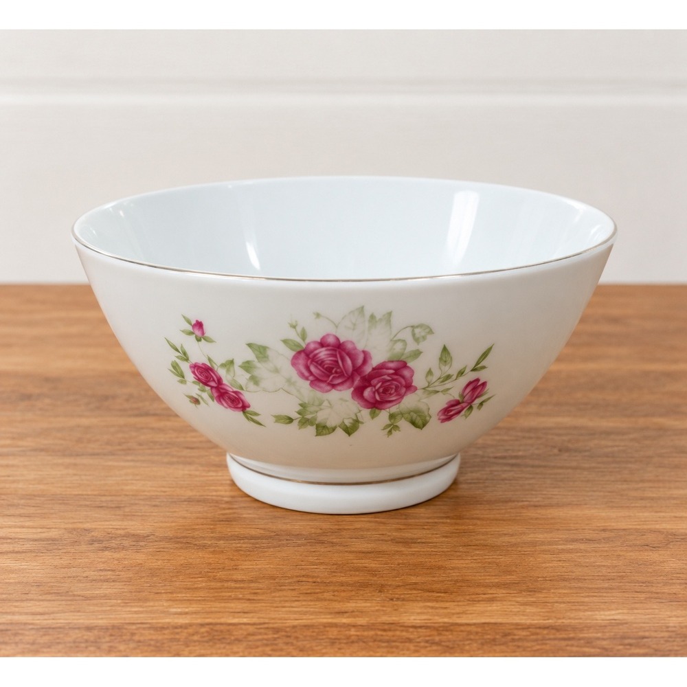 Vintage Floral Rose Serving Bowl 6" Made in China White Porcelain Gold Trim